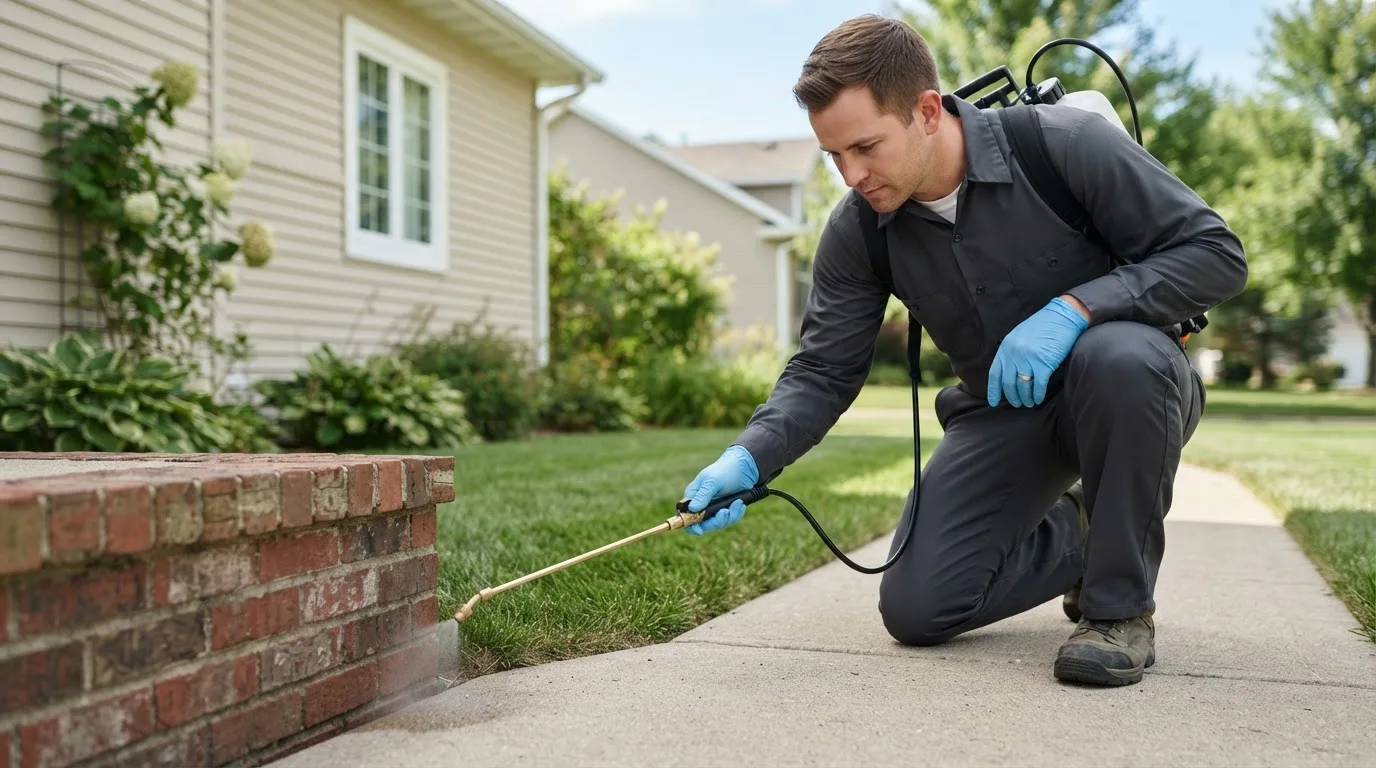 Pest control technician treating a home near Elkville, IL