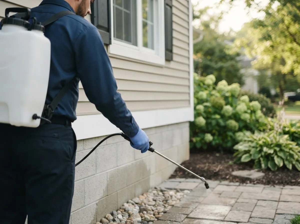 Pest control technician inspecting a home in Elkville, IL